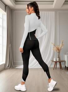 Women Small Size Sporty Set - Long Sleeve Crop Top & High Waist Leggings, Slim Fit Stylish Color Block Casual Outfit