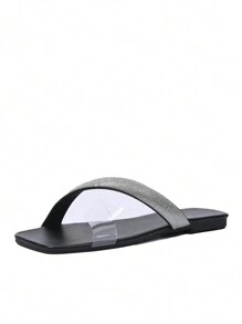 Women's Summer 2025 Fashion Outdoor Versatile Comfortable Solid Color Strap Rhinestone Slide Sandals