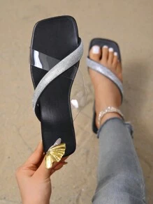 Women's Summer 2025 Fashion Outdoor Versatile Comfortable Solid Color Strap Rhinestone Slide Sandals