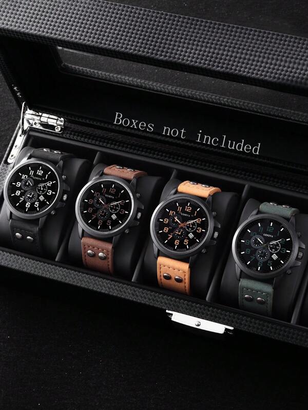 Set de 4 relojes de cuarzo analógicos de estilo deportivo casual para estudiantes, esfera con calendario, mejor regalo para el padre en Navidad, Año Nuevo, Día de San Valentín (Sin caja)