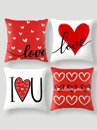4 件/套爱心 - 红黑白心印花靠垫套，拉链，可机洗，涤纶，适用于各种房间，室内/室外印花枕套，家居装饰，房间床沙发椅垫，春夏母亲节婚礼生日主题派对用品，节日装饰，数码印花时尚简约沙发办公室装饰枕套，汽车礼品，枕套，床头枕，沙发垫，汽车头枕，办公室枕套