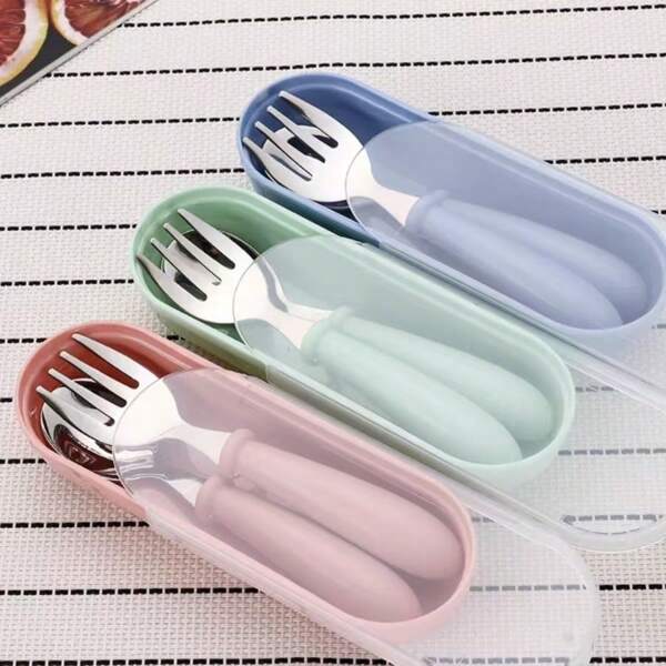 Set de 3 piezas de cubiertos infantiles (cuchara, tenedor) de acero inoxidable, utensilios de alimentación portátiles para bebés, cubiertos para bebés