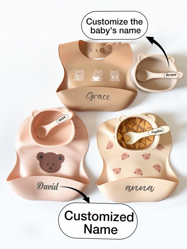 3pcs/Set Baby Silicone Tableware Set, Customized Bib, Bowl, Spoon, Dishwasher Safe, Cute Bear Design, Feeding Supplies, Personalized Gift For Baby Boys And Girls, All Season,Multi-Functional,Ornamental,Letter,Solid Color,Exquisite,Colorful,Cute,Adorable,Casual,Custom,Personalised,Unique,Customized,Baby Gifts,Ideal Gifts For Him,Ideal Gifts For Her,Son,Daughter