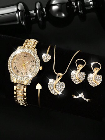 6pcs Teen Diamond Decorated Watch Set, Gold Tone Fancy Style For Student - Includes Metal Band Quartz Watch, Necklace, Bracelet, Earrings, Ring And Heart Shape Diamond Decor, For Party