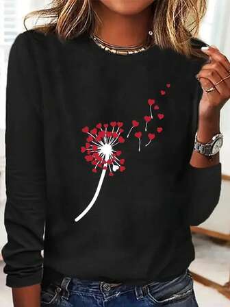 爱心印花蒲公英图案休闲圆领上衣，合身舒适的套头衫，适合女孩