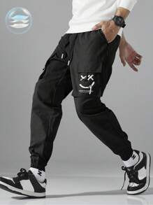 Men's Casual Expression Letter Print Drawstring Waist Tapered Cargo Pants - Black - View 1