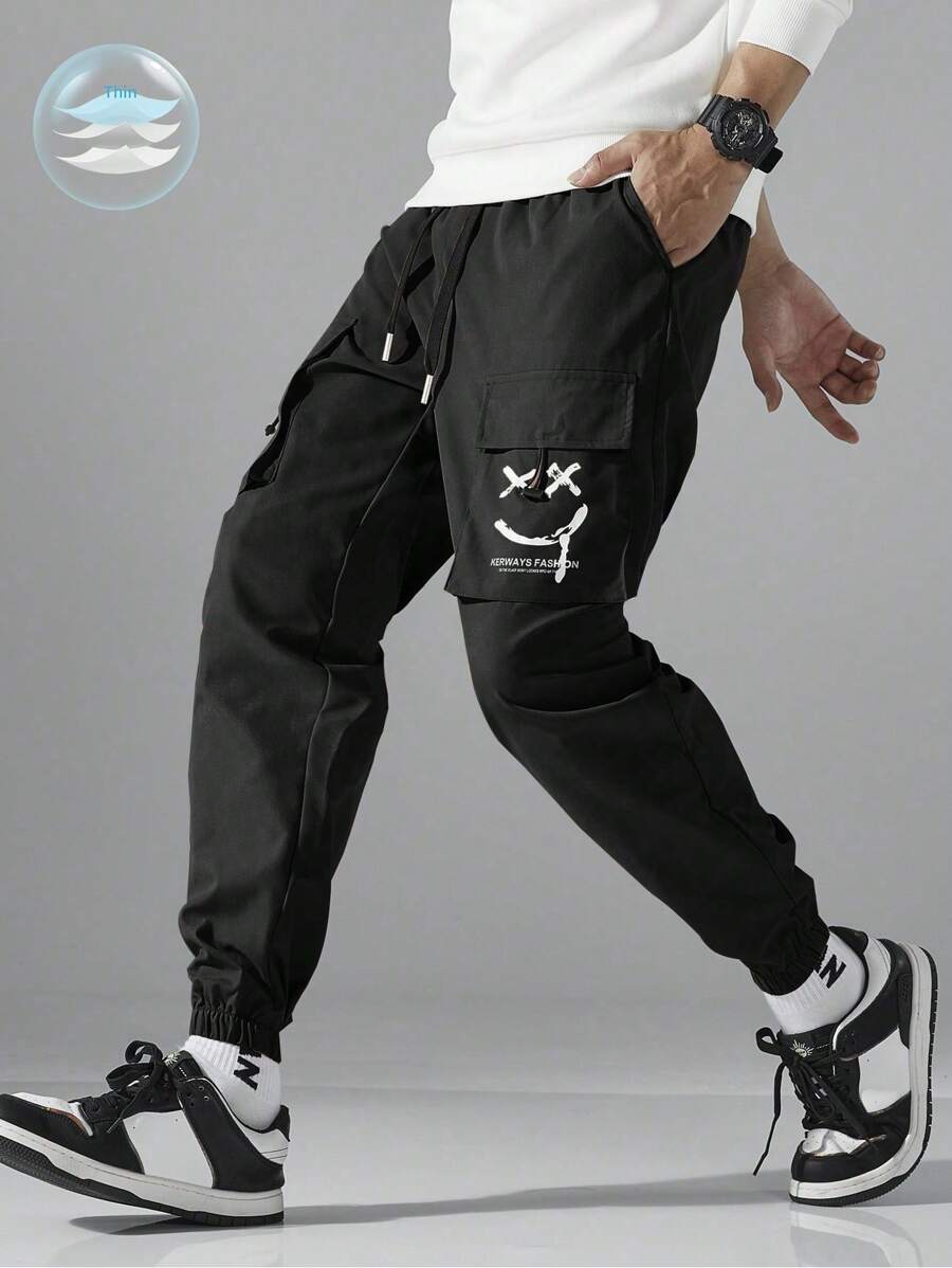 Men's Casual Expression Letter Print Drawstring Waist Tapered Cargo Pants - Black - View 1