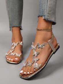 Women'S Summer Bowknot & Rhinestone Elegant Flat High Heel Peep Toe Sandals & Slippers For Women, Bohemian Party Shoes