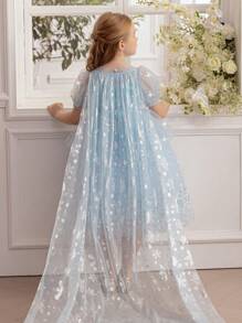 Rochie elegantă de prințesă de gheață cu mâneci bufante din tul și paiete, potrivită pentru cadou de zi de naștere, banchet, petrecere de dans, festival