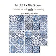 24 piezas de pegatinas de azulejos cerámicos autoadhesivos con estampado de flores azules, removibles y reutilizables, impermeables para decoración de paredes de sala de estar, cocina, dormitorio, regalos de cumpleaños, graduación, decoración del hogar, decoración del baño, decoración del dormitorio, decoración de la habitación, decoración de la sala de estar, decoración de la casa, papel tapiz de pared, pegatinas de pared