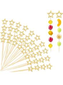 10pcs Gold & Silver Star Bamboo Skewers, 5.5 Inch Long Cocktail Fruit And Food Picks, Party Supplies For New Year, Birthday Celebrations, Holiday Events, Appetizers, Food And Drink Decoration, General Festive Party Tableware, Suitable For Desserts And Fruits