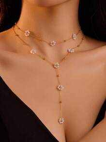 2pcs Stainless Steel Multicolor Flower Decor Necklace, Gold Plating Y-Shaped Chain Necklace, Elegant Minimalist Style, Suitable For Women Daily Wear Valentines,Mom,Mother,Mother's Day Gift (Handmade Chain With Random Number Of Flowers And Color Combinations)