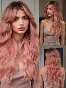 Perruque synthétique à mèches papillon de 26 pouces, perruque bouclée longue rose avec franges, cheveux en fibre synthétique, perruque de remplacement de cheveux pour femmes et filles, perruque synthétique sans dentelle
