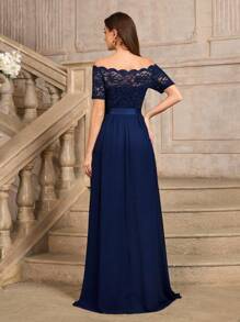 MIUSOL Boat Neck Floral Lace Contrast Color Chiffon Ruffle Hem Evening Party Wedding Guest Maxi Dress - Navy Blue - View 3