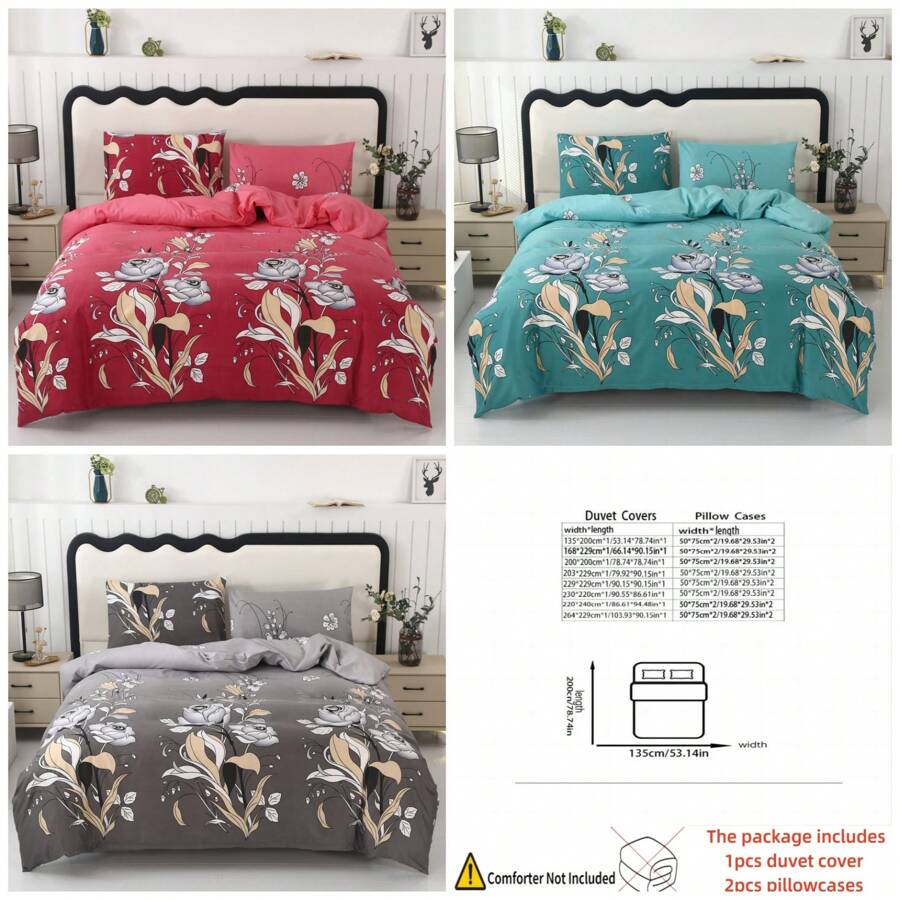 3pcs Floral Bedding Set [1 Duvet Cover + 2 Pillow Shams], Modern Style, Soft And Comfortable, Suitable For Home, Hotel, School, Dormitory, Bedroom, Guest Room, All Season
