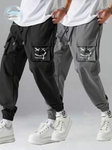 2pcs Men's Casual Smile Face Printed Drawstring Cargo Pants - Multicolor - View 1