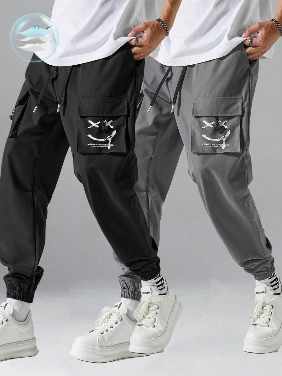2pcs Men's Casual Smile Face Printed Drawstring Cargo Pants - Multicolor - View 1