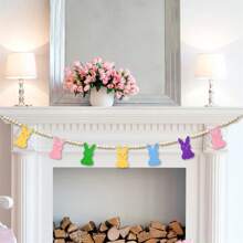 1 szt. Wielkanocny dzień drewniane koraliki girlanda z kolorowym króliczkiem w kształcie, wiosenny motyw królika koraliki taca warstwowa dekoracja, rustykalny baner wiejski na obchody Wielkanocy, ekspozycja półki, kominek, ściana