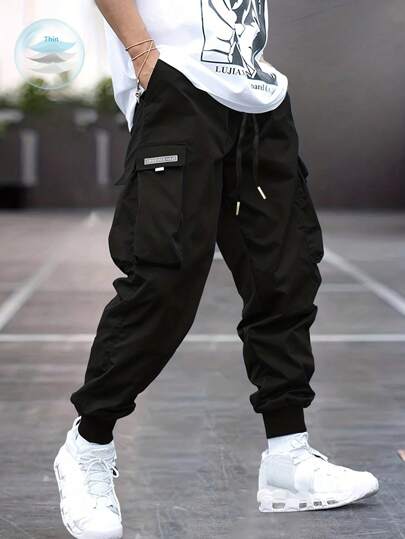 Plus Size Men's Casual Lightweight Drawstring Waist Cargo Pants, Versatile For Spring/Summer