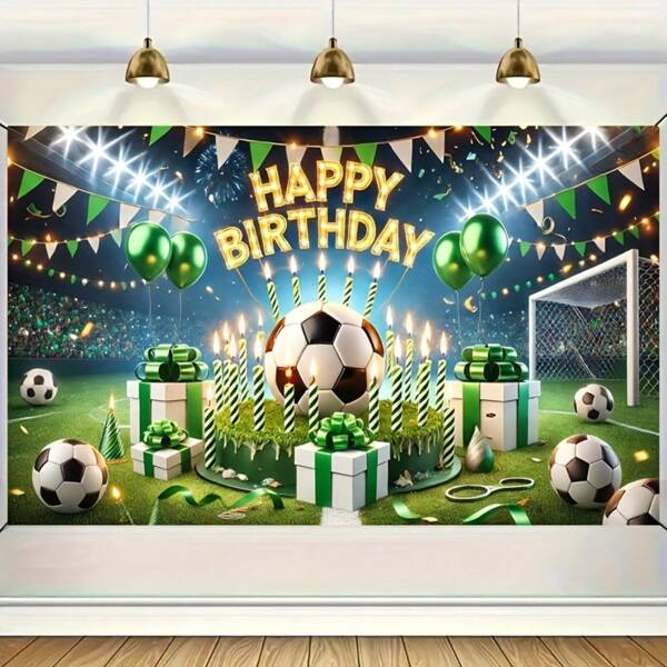 Football Themed Birthday Party Banner, Made Of Polyester With Vibrant Gift And Balloon Decorations, Suitable For Indoor/Outdoor Soccer Fan Celebrations
