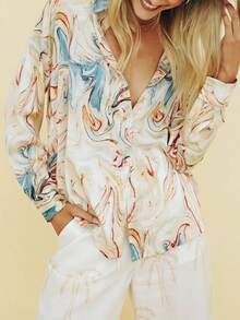 Women's Marble Print Drop Shoulder Long Sleeve Single-Breasted Casual Shirt