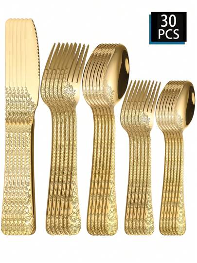 Juego de cubertería con 5/20/30 piezas de acero inoxidable con diseño floral de doble cara, incluye cuchillo, tenedor y cuchara, adecuado para uso doméstico, cocina, restaurante, bodas, fiestas, festivales, regalo, útiles escolares