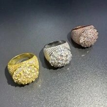 European And American Hip-Hop Style 3-Circle Zirconia Unique Ring, Shiny Brass Fully Zirconia Hiphop Jewelry
