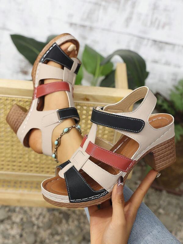 IH2 Women's Summer New Splice Strap Hook And Loop Chunky Heel Sandals, Fashion Casual Versatile High Heel Sandals
