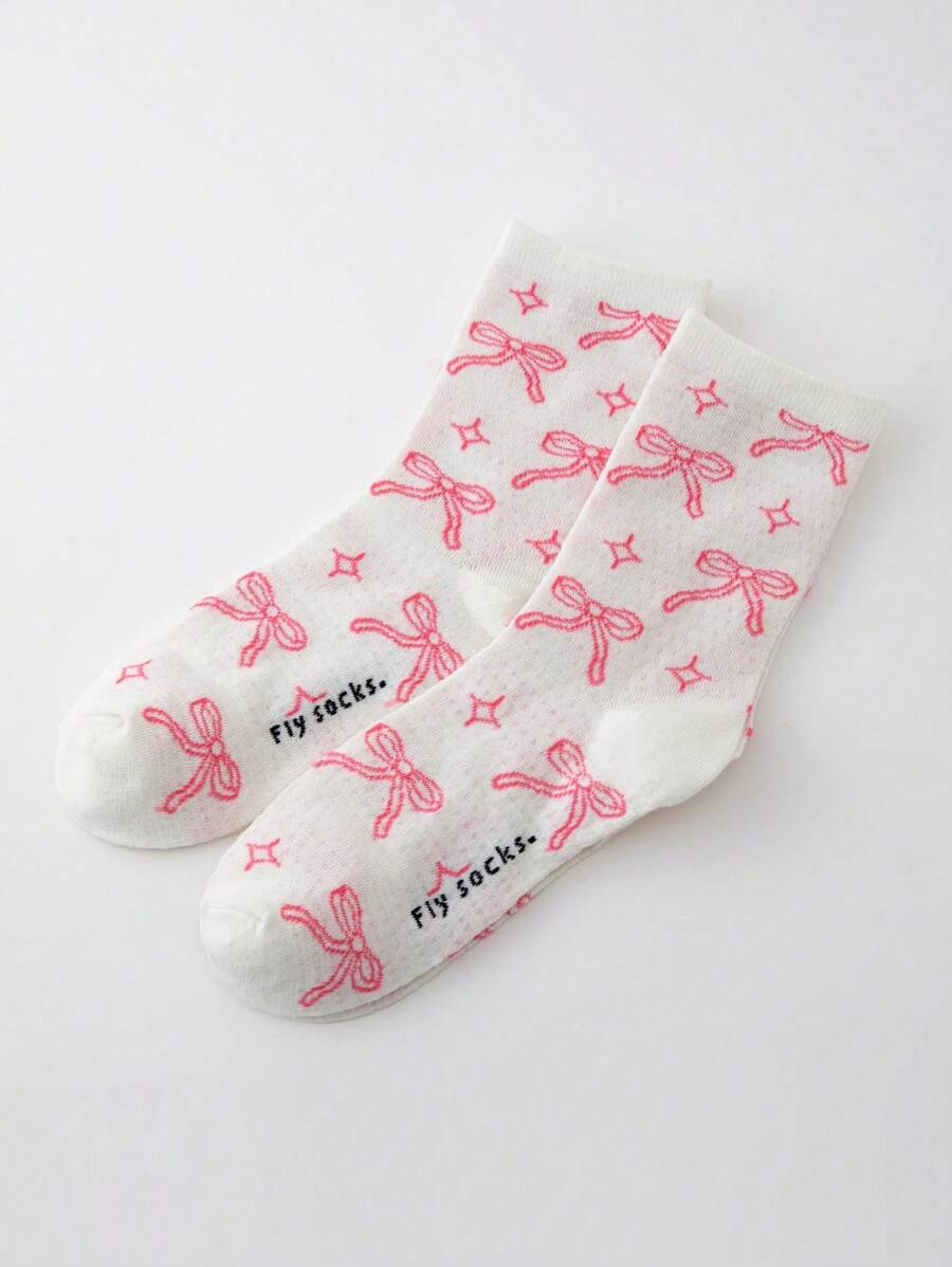 1 Pair Of Kawaii Cute Pink Bow Print Cute Calf Socks, Casual Socks, Cute Daily Socks, Daily Fashion Socks, Moisture Absorbing And Breathable, Suitable For Daily Wear, Family Sports, Office Wear, Cute Cartoon Design, - 1 Pair (one Size) - View 1