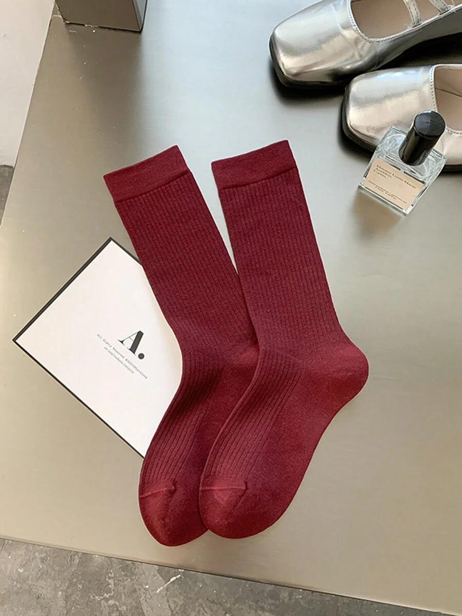 1 Pair Angola Red Casual Versatile Simple Mid-Calf Socks - Burgundy - View 1