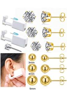 14pcs/Set Sterile Ear Piercing Kit, (2pcs Ear Piercer + 6pcs White Zirconia Gold Earrings + 6pcs Gold Bead Earrings), Disposable Low-Pain Ear Cartilage Piercing Gun With Built-In Ear Studs, Ear Beauty Tools & Accessories For Both Men And Women