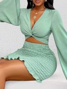 Women Summer Holiday Solid Color Tied Front Crop Flare Sleeve Top And Shirred Bodycon Mini Skirt Set