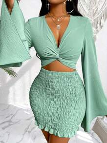 Women Summer Holiday Solid Color Tied Front Crop Flare Sleeve Top And Shirred Bodycon Mini Skirt Set