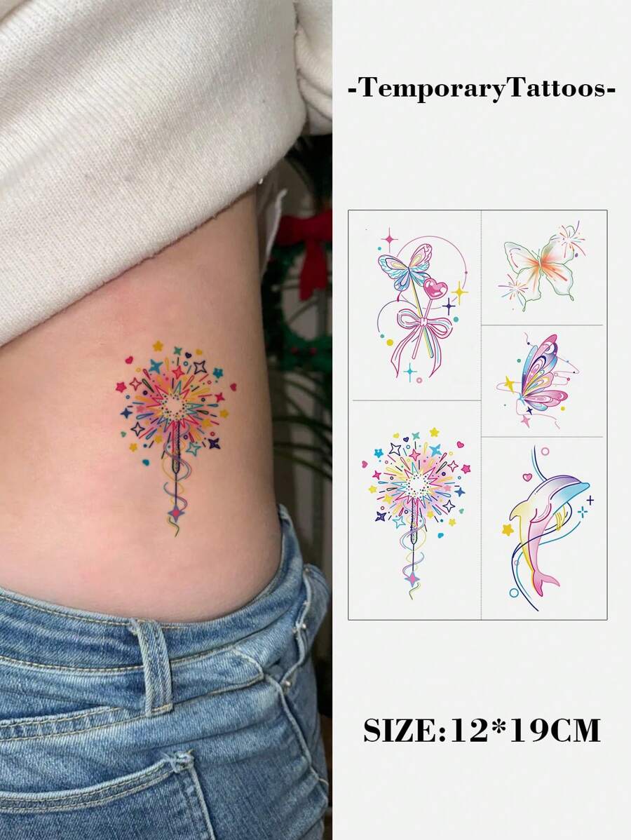 1 件 Y2K 风格临时纹身纸，采用极简主义设计 - 多巴胺、粉红蝴蝶、蝴蝶结、海豚，适合学校、日常、派对
