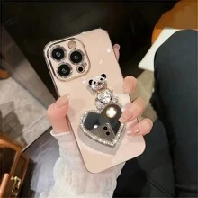 1pc Electroplated TPU Luxury Soft Fully Wrapped Heart Crystals Teddy Bear Mirror Phone Case Compatible With Iphone/Galaxy/Redmi/OPPO