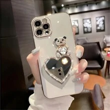 1pc Electroplated TPU Luxury Soft Fully Wrapped Heart Crystals Teddy Bear Mirror Phone Case Compatible With Iphone/Galaxy/Redmi/OPPO