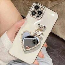 1pc Electroplated TPU Luxury Soft Fully Wrapped Heart Crystals Teddy Bear Mirror Phone Case Compatible With Iphone/Galaxy/Redmi/OPPO