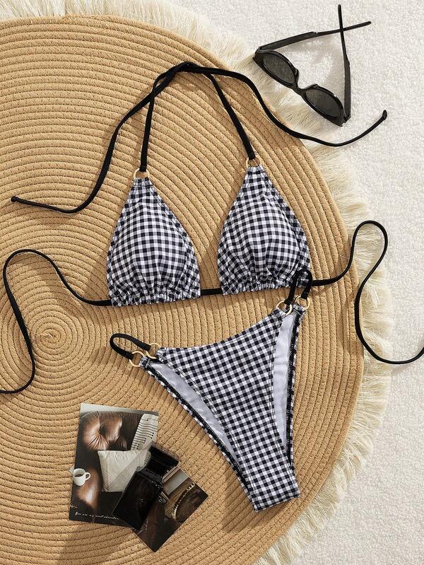 Sexy karierter bedruckter Neckholder-Bikini mit Bindebändern für Damen, europäischer und amerikanischer heißer und erschwinglicher Badeanzug, Sommer Strand Urlaub