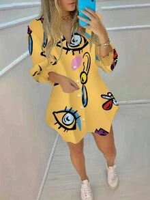 Women's Butterfly Print Single-Breasted Long Sleeve Shirt Dress Casual Spring - Yellow - View 3