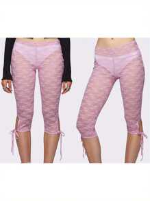 Teens Lace Capri Pants Casual Bandage Cutout Leggings See-Through Elastic Trousers Young Adult Clothing For Daily