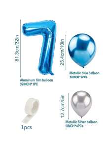 10 Pieces/Set Number Shape Balloons, Birthday Party, Blue Silver Metallic Decorative Balloons