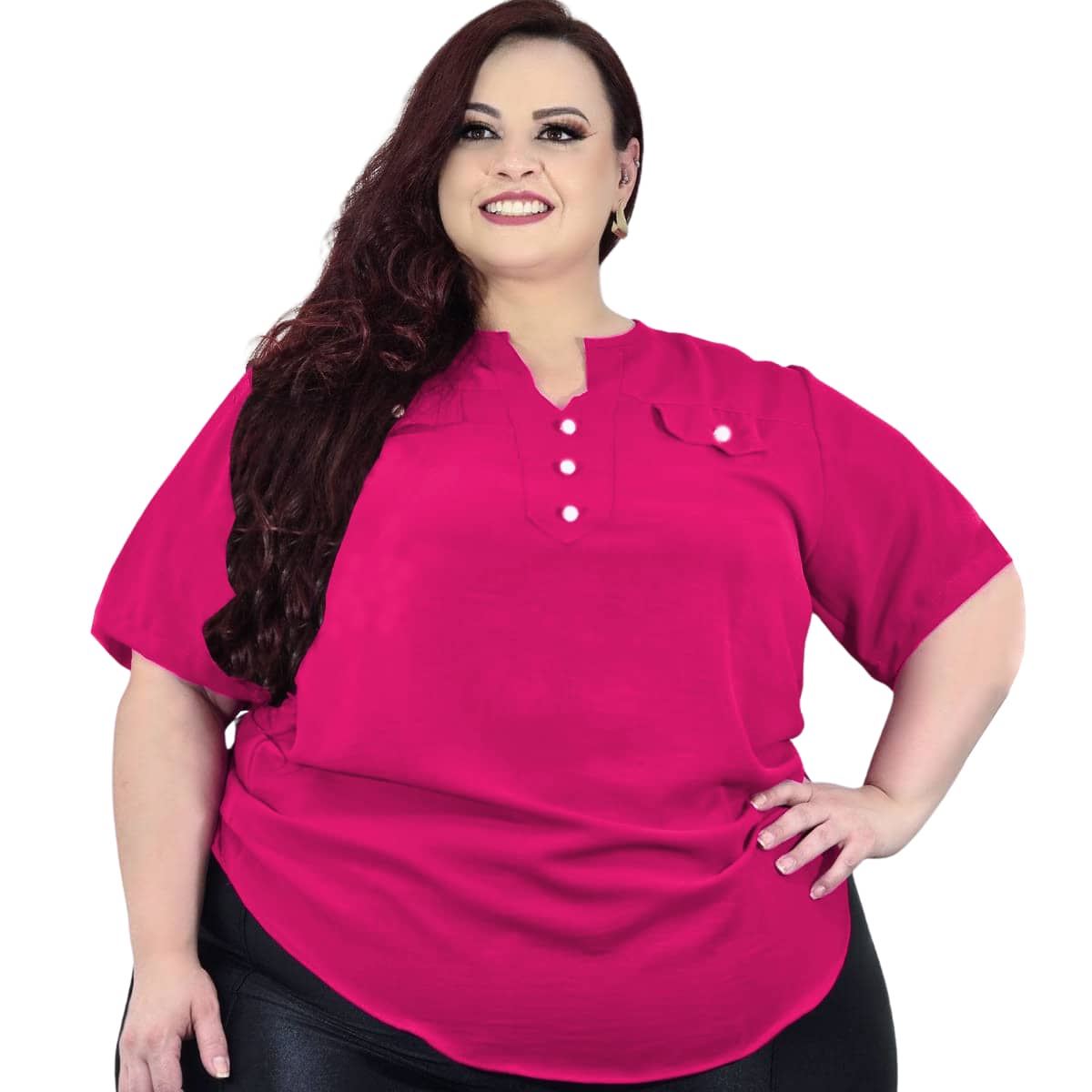 Plus Size Women's Blouse Large Size With Button G1, G2 And G3 - 玫紅色 - 查看 1