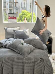 1pc Plush Thick Down Comforter Cover Set, Solid Color Patchwork Gray Warm Bedding Suit For Autumn/Winter - Soft, Fluffy, Skin-Friendly Down Duvet Cover, Suitable For Bedroom And Guest Room - Silver Gray - View 6