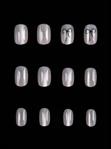 Transform Your Nails With 24pcs Casual Elegant Street Simple Daily Black Bow Pattern Transparent Base Cat Eyes Bling Bling Small Short Oval Press On Nails Fake Nail Kit,Suitable For Girls And Women With Delicate Personalities To Use In Daily Life And Shopping