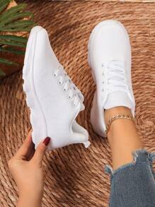 Zapatillas deportivas para mujer con suela de goma antideslizante y cordones con ribete de encaje para actividades al aire libre - Blanco - Ver 4