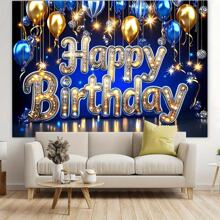 1pc Gold & Blue Glitter "Happy Birthday" Background Banner, Photo Backdrop Decoration For Photo Booth, Birthday Party, Anniversary Celebration, Suitable For Indoor And Outdoor Use, Party Supply