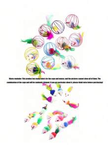Colorful Feather Painted Iron Cage Pet Cat Toys - Realistic Mouse Shaped Rollers And Caged Mice, Interactive Toys For Cats