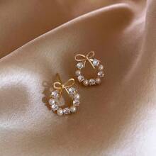 2 Pairs Diamond, Pearl & Bow Decorated Unique Circle Earrings, Suitable For Women Day-To-Day Wear