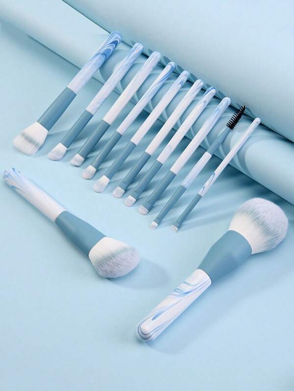 12 件套专业化妆刷，全套蓝白美容工具适用于粉底、腮红、眉毛、遮瑕膏、液体混合，初学者和化妆师必备