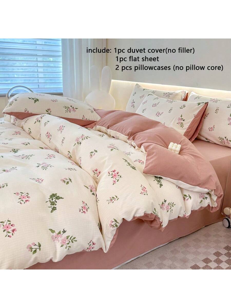 4 قطع طقم سرير، غطاء لحاف بطبعة زهور صغيرة باللون...